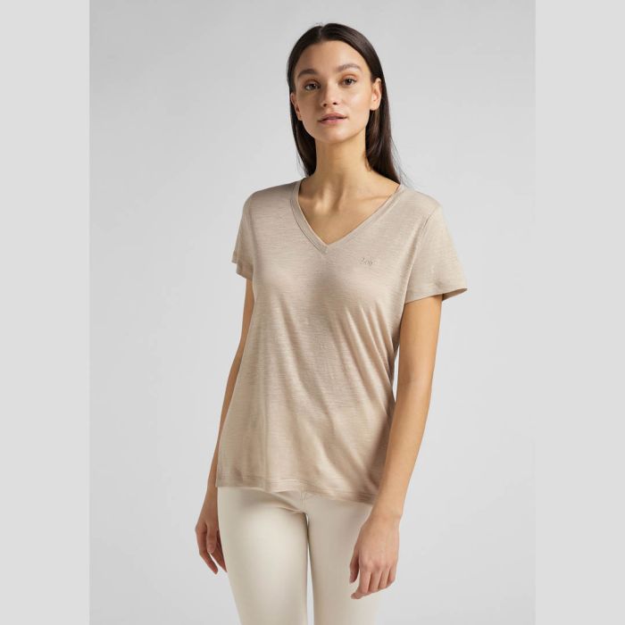 LEE V Neck Oxford Tan - Maat S - Dames T-shirt