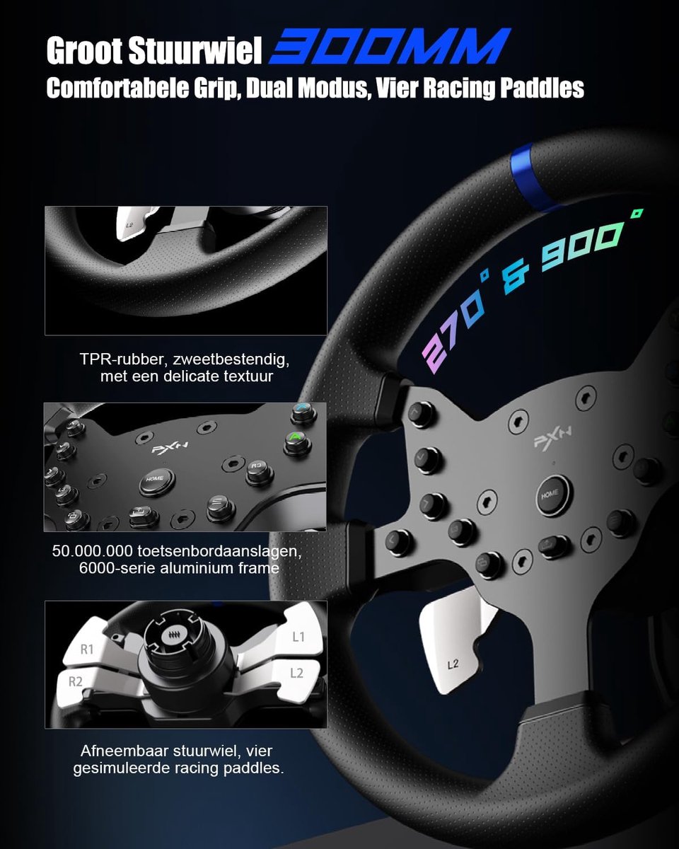 PXN - V99 - High end Race Stuur - Met Pedalen en Shifter - Force Feedback - Game Stuur - Geschikt voor PS4 - Xbox One - PC - Xbox Series X|S - PS3 - Nintendo Switch - Met App