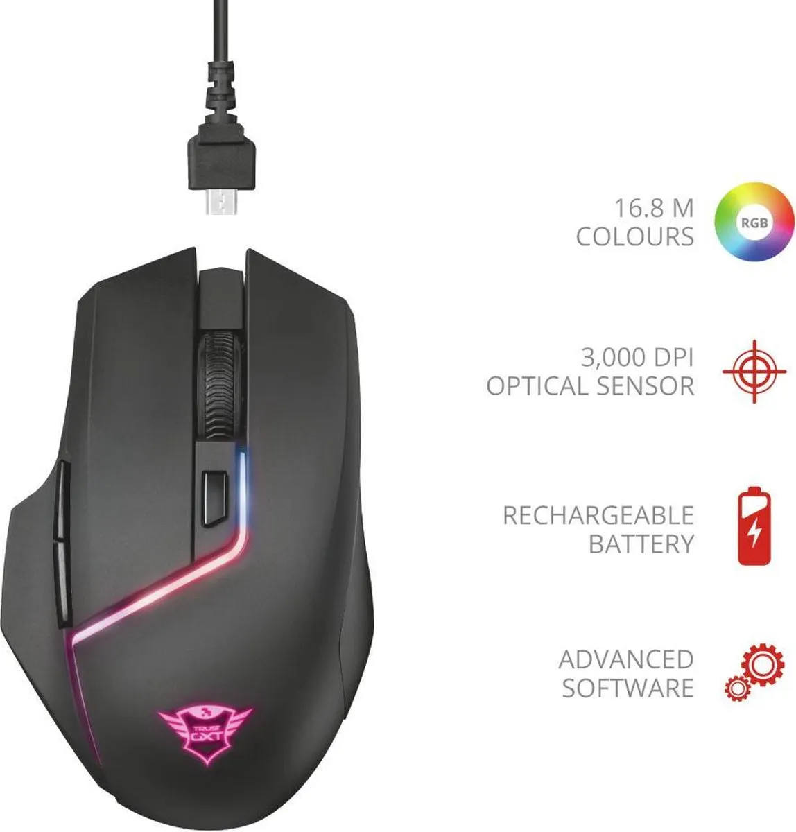 Trust GXT 161 Disan - Draadloze RGB Gaming Muis - 3000 DPI / Zwart