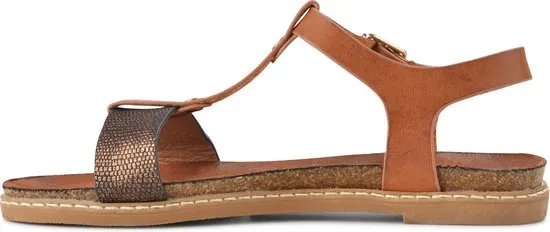 PS Poelman Dames Sandalen - Maat 40 - Lizzy - Cognac Bruin met Metallic Brons Snake Print