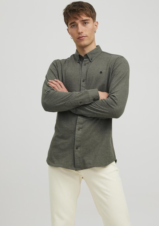 JACK&JONES - Maat M - JJPIQUE MELANGE LOGO SHIRT L/S Heren Overhemd