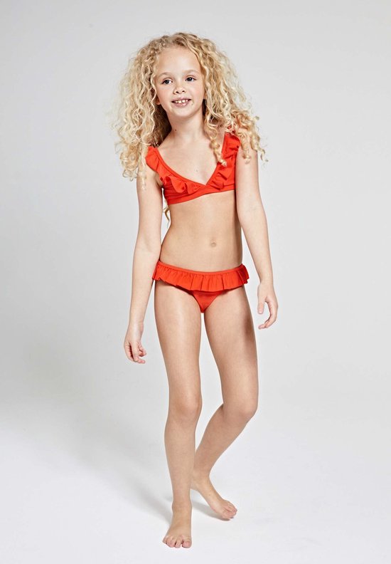 bikini, tweedelige, zwemkostuum, oranje, frills