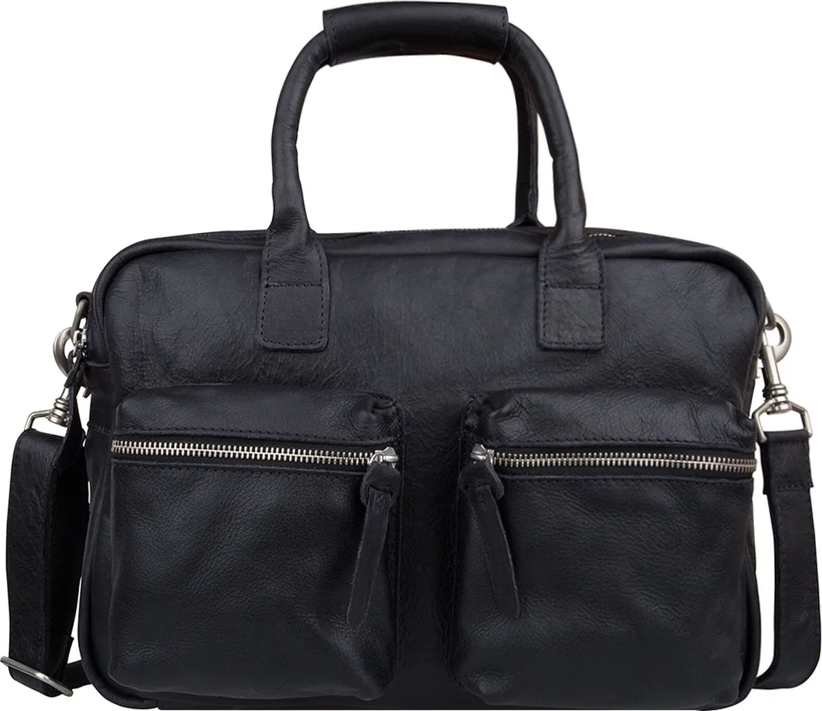 laptoph bag, black, leather, double zip, shoulder bag