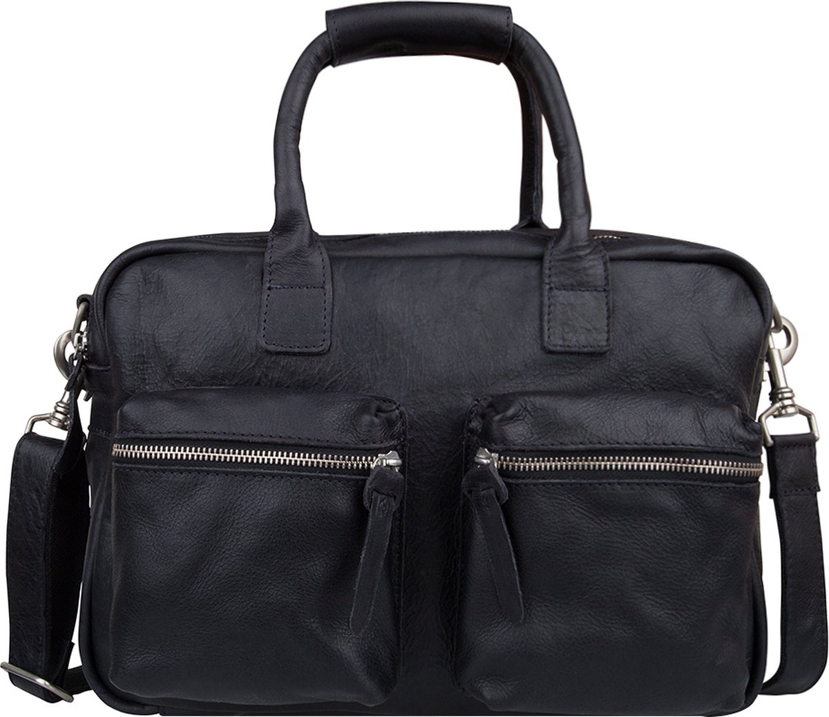 laptoph bag, black, leather, double zip, shoulder bag