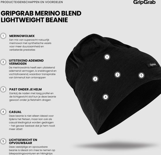 GripGrab - Merino Blend Lichtgewicht Fietsmuts Winter Wielersport Beanie - Zwart - Unisex - Maat M