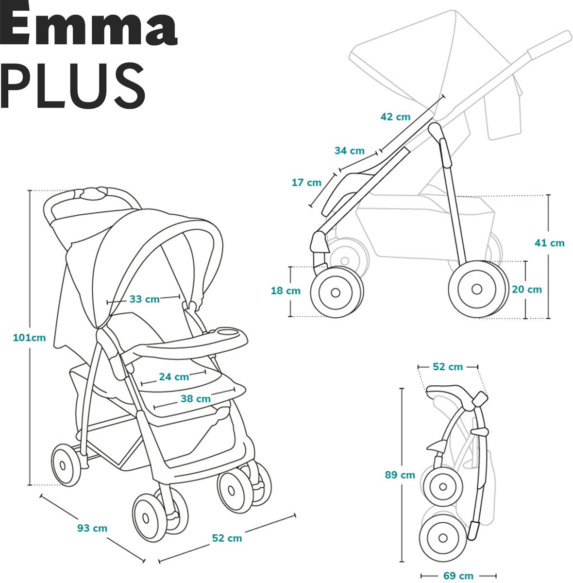 Lionelo Emma Plus Buggy en Kinderwagen - Licht en Duurzaam - Verstelbare Rugleuning tot Ligstand - XXL Luifel met Venster - Grote Mand - Organizer en Tas - Schokdempers - 5-Punts Gordel - Tot 15 kg - Compact Inklapbaar