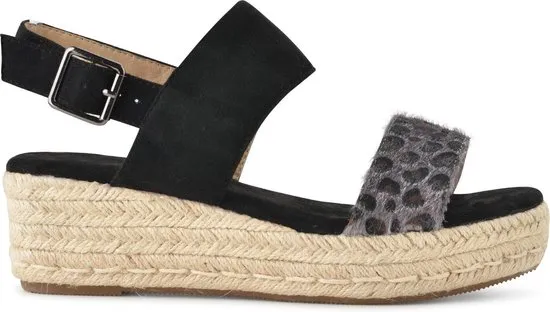 PS Poelman - Maat 40 - Dames Sandalen met Espadrille Zool - Iris - Zwart met Furry Luipaard Print