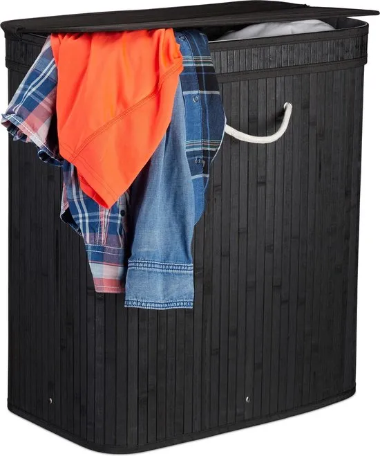 relaxdays wasmand met deksel - 2 vakken - bamboe wasbox - mand voor wasgoed zwart