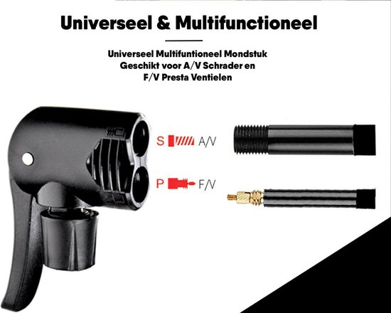 Matzwarte Fietspomp met Drukmeter én Extra Ventielen - Multifunctioneel Mondstuk – Schrader en Prest