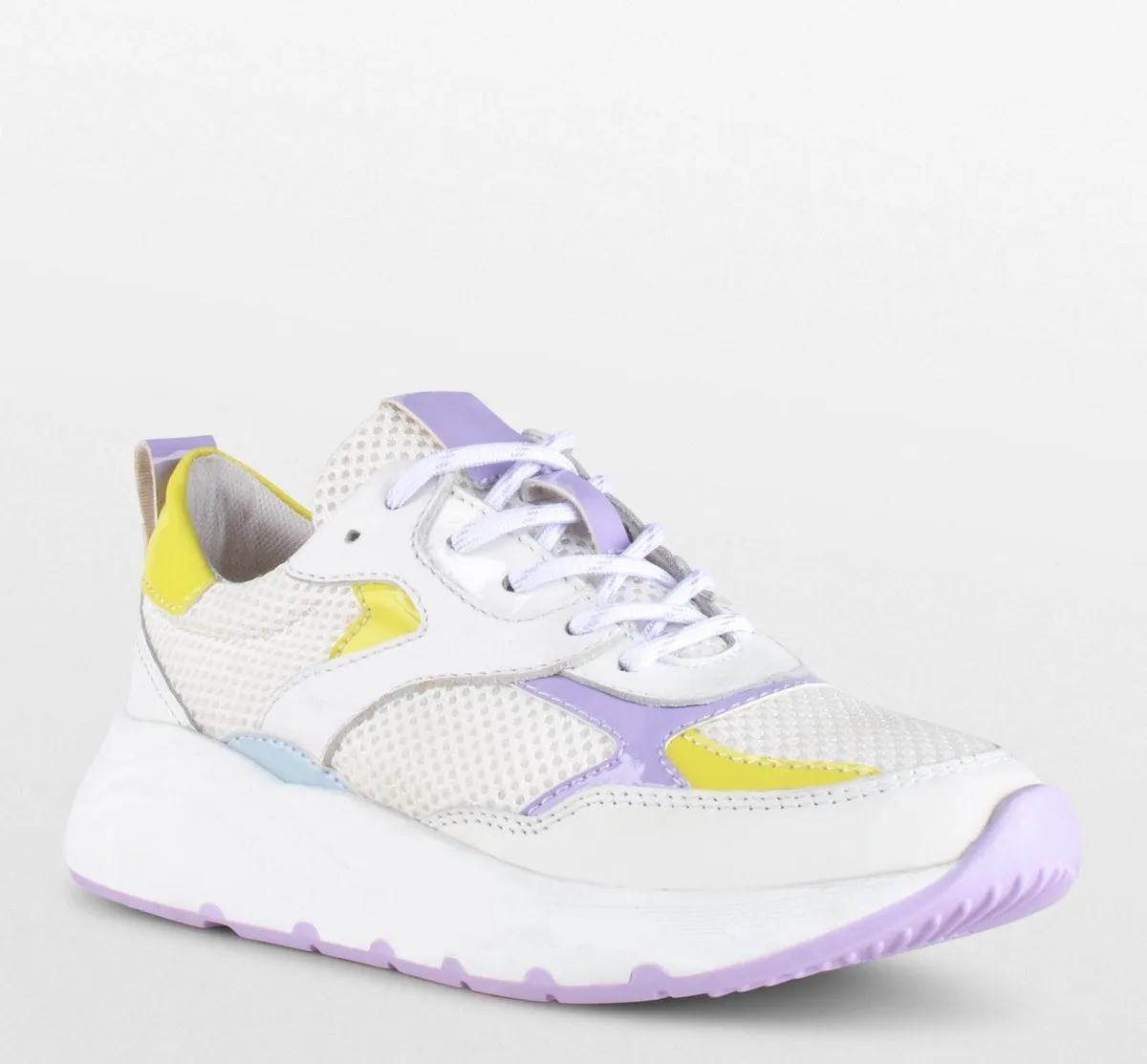 PS Poelman Cibel - 36 - Dames Leren Chunky Runner Sneaker van Mesh en Lakleer - Wit Lila Geel