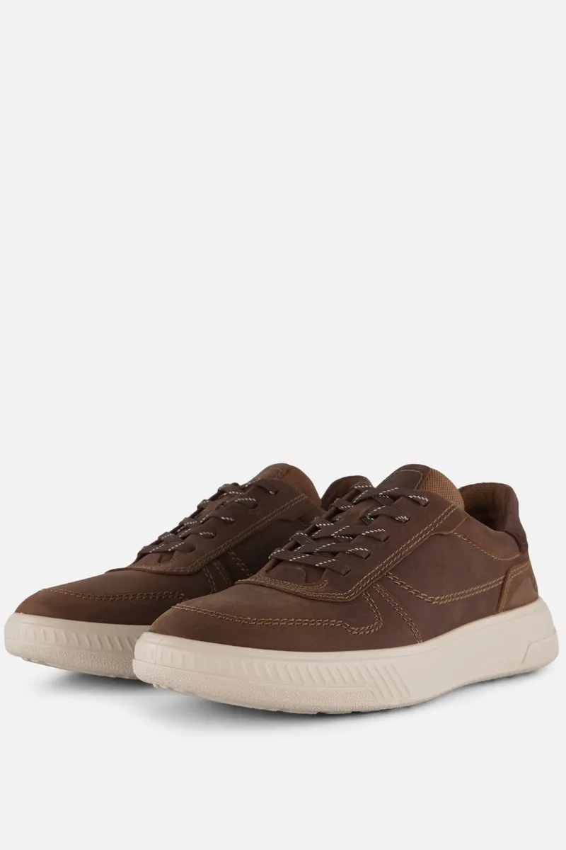 sneakers, bruine schoenen, luxe casual, wafelzool, leren upper