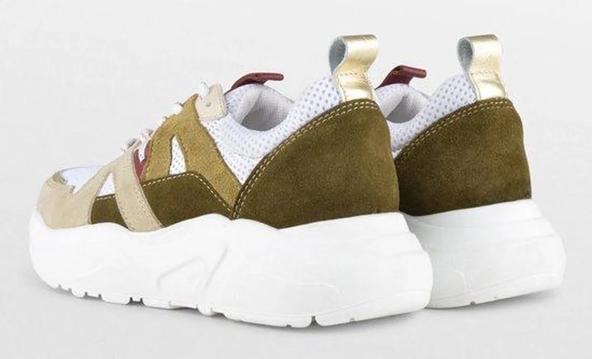 PS Poelman Year Dames Leren Chunky Runner Sneaker - mt 38 - van Mesh en Suéde - Beige Kaki Groen