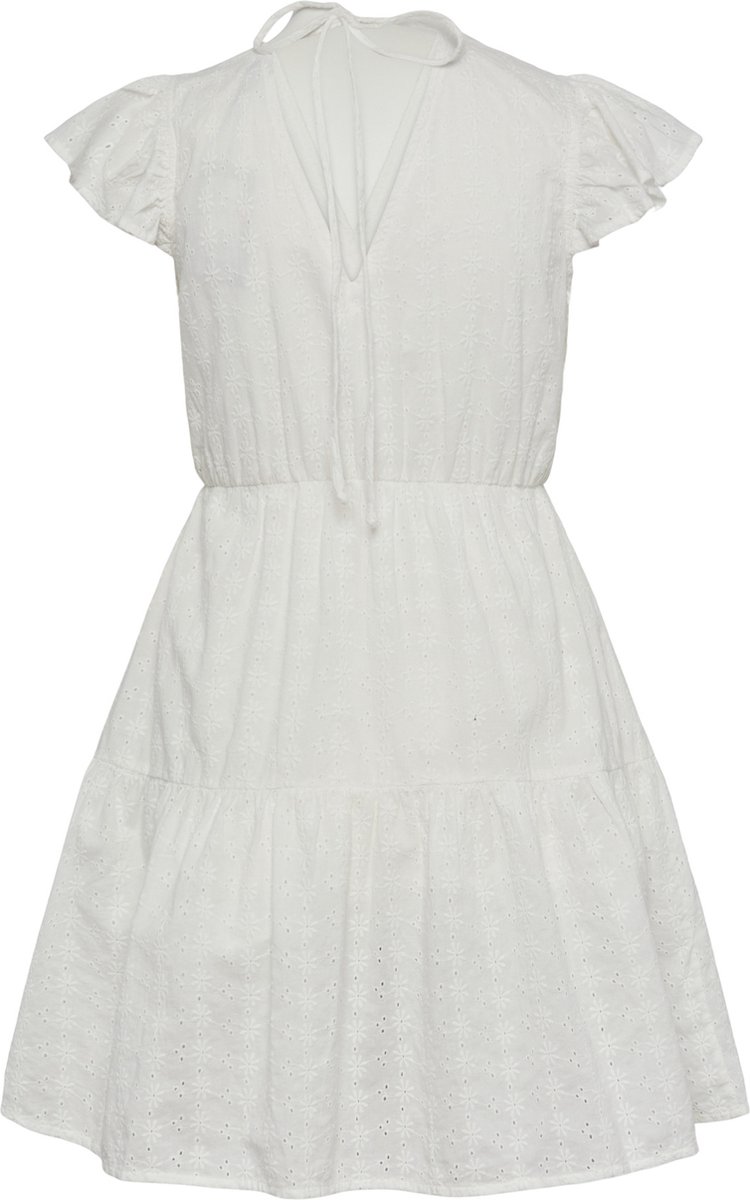 witte jurk, katoen, volant, taille band, gebloemde perforatie