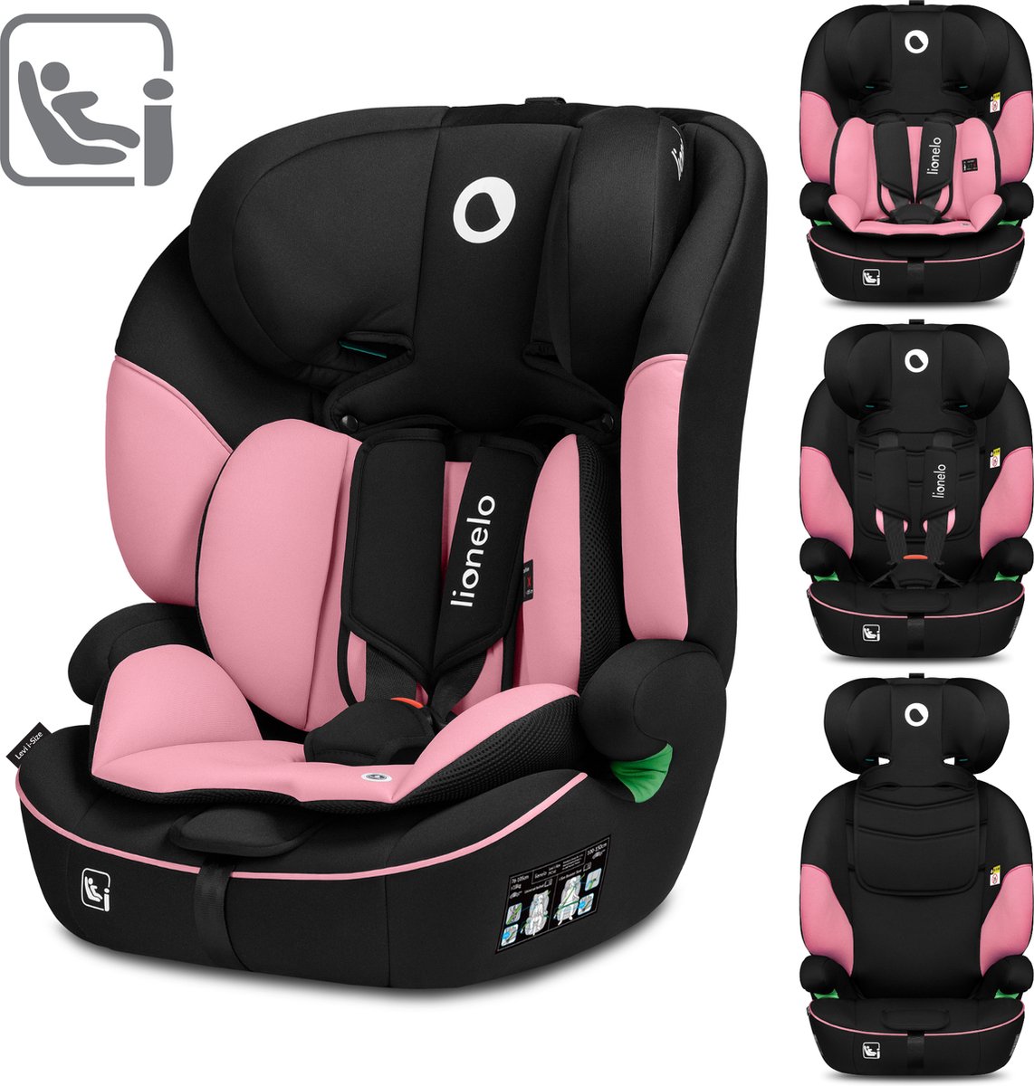 autostoel, kinderzitje, pink accenten, zwarte-rosé, verstelbaar gordel