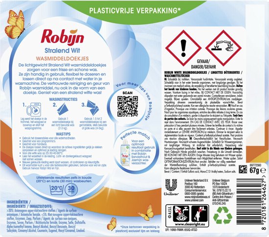 Robijn Classics Stralend Wit Wasmiddeldoekjes 16 wasstrips