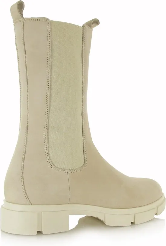 PS Poelman Kimmy - Maat 38 - Dames Leren Chunky Chelsea Enkellaarzen met Elastiek - Beige Crème Wit