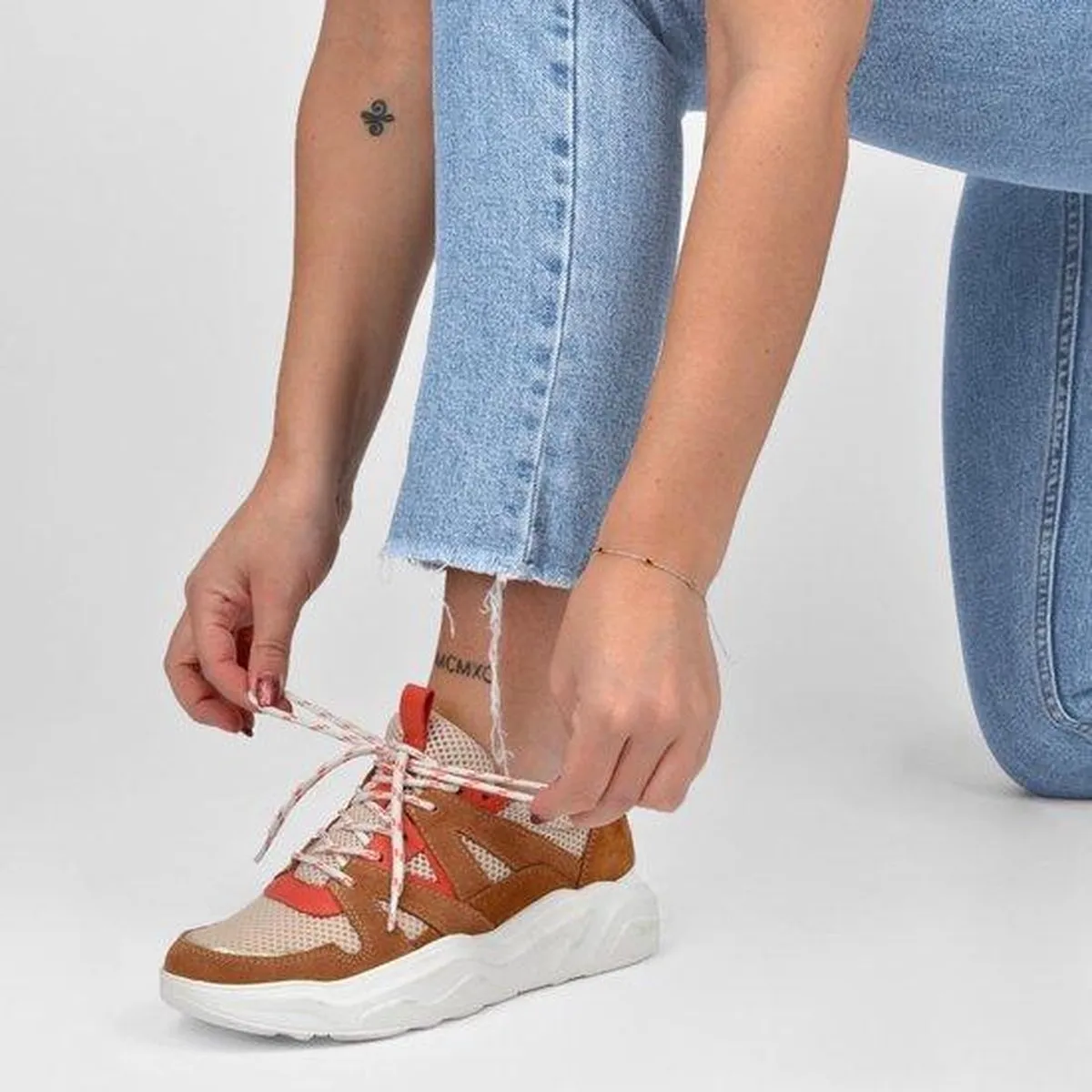 PS Poelman Year Dames Leren Chunky Runner Sneaker - 38 - van Mesh en Suéde - Bruin Beige Rood - Maat