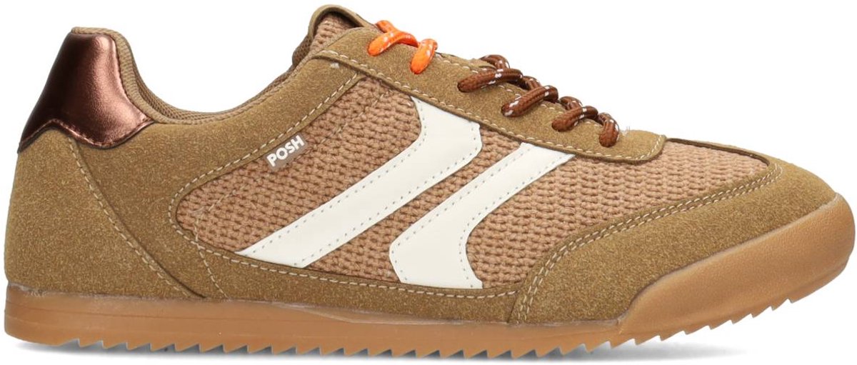 sneaker, bruine, mesh, zijstreep, veters