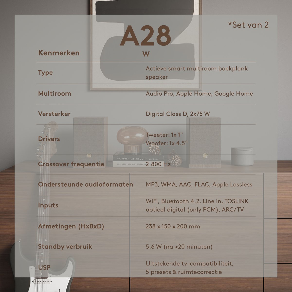 Audio Pro A28 W Smart Multiroom Actieve Boekenplank Speakers - Audio Pro Multiroom (Linkplay) - Ruimtecorrectie - 2x75W Speakers - Walnoot