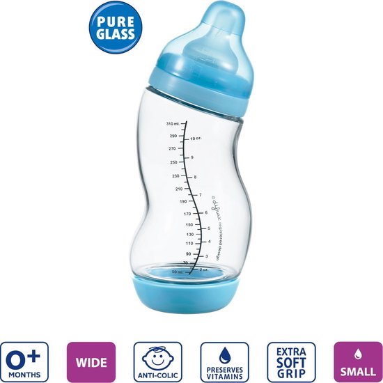 Glazen S-babyfles Anti-Colic - Wide - 310 ml - Blauw