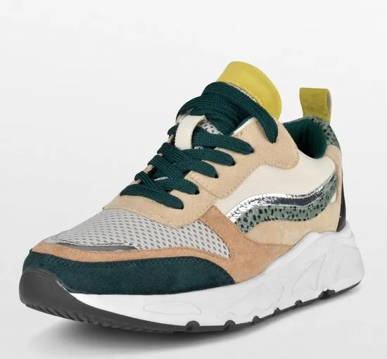 PS Poelman Carocel Dames Imitatie Leren Suède Runner Sneakers - mt 39 - met Profielzool - Groen Beig