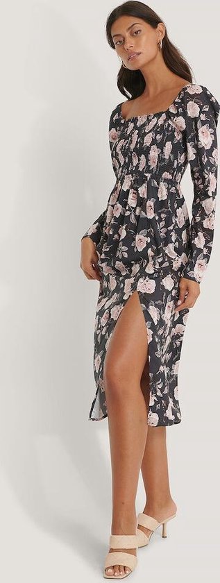 NA-KD Maat 34 Front Slit Smock Vrouwen Jurk - Navy Flower - EU