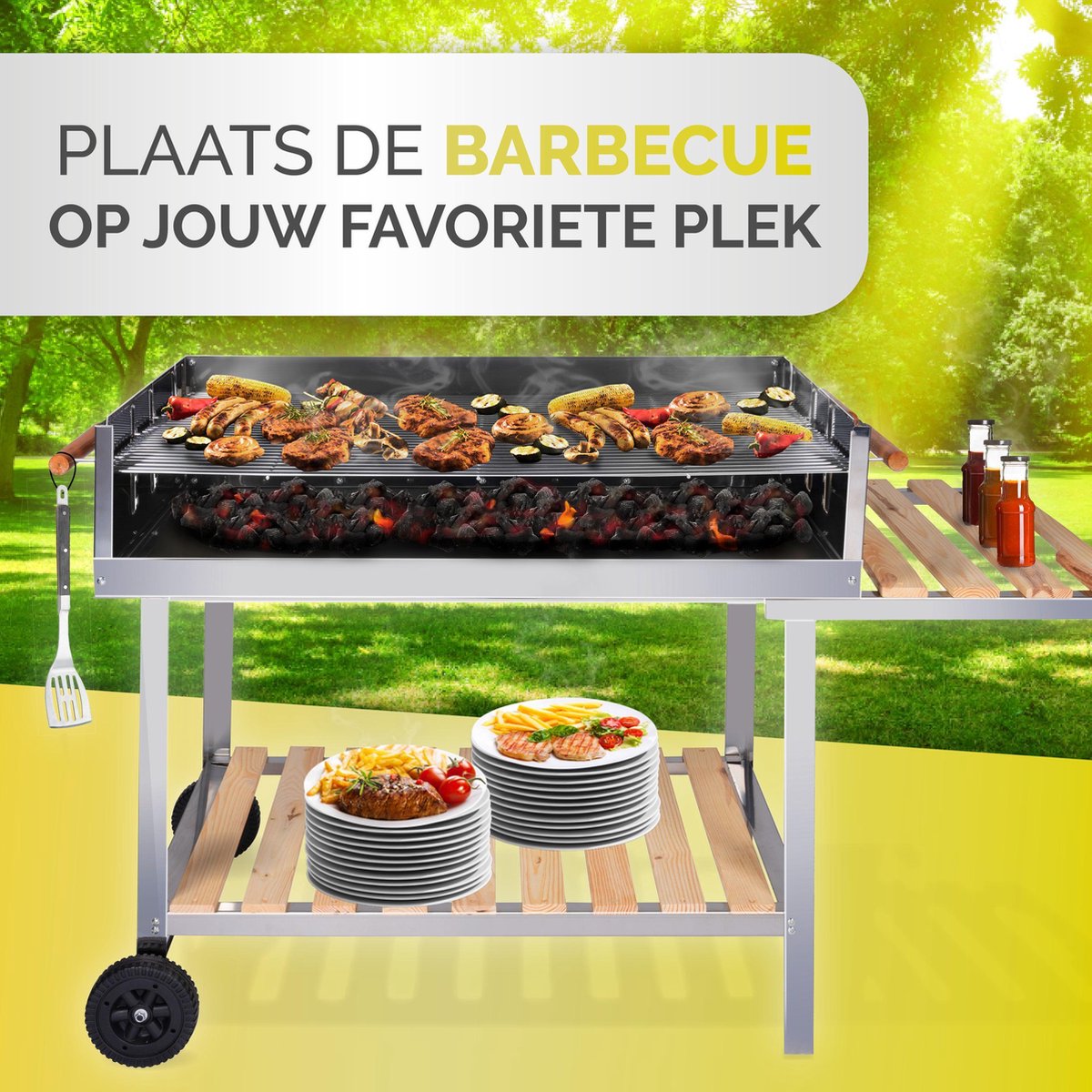 BBQ Collection Houtskool Barbecue – Trolley met Zijtafel – Grill op Wielen – RVS – 2 Roosters – 98 x