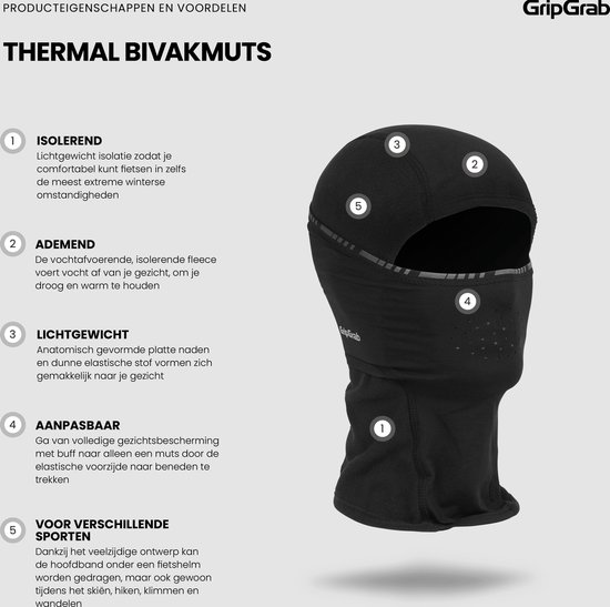 GripGrab - Maat M - Thermal Balaclava Winter Bivakmuts Fietsen Gezichtsmasker Helmmuts - Zwart - Uni