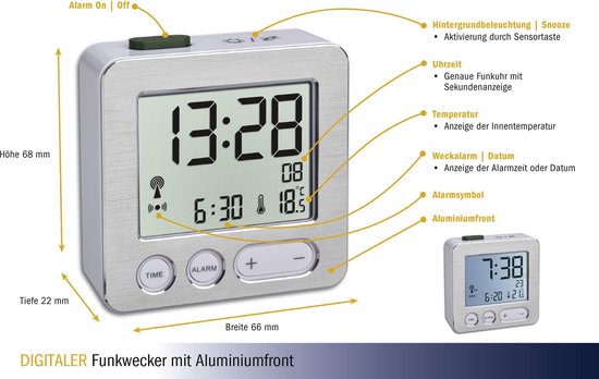 TFA Digitale Wekker - Zilver - Meet Binnentemperatuur  - Datum - Alarm - Achtergrondverlichting