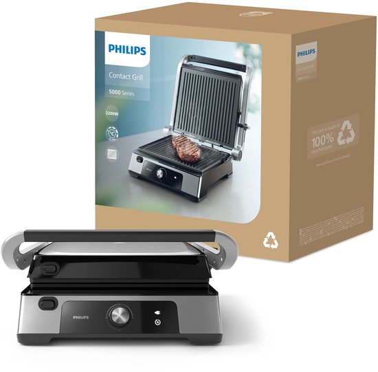 Philips Contactgrill HD6301/90 - Uitneembare Platen - 2200W - Extra Groot Formaat – Antiaanbakplaten - Regelbare Temperatuur - Opvangbak - RVS - Zwart