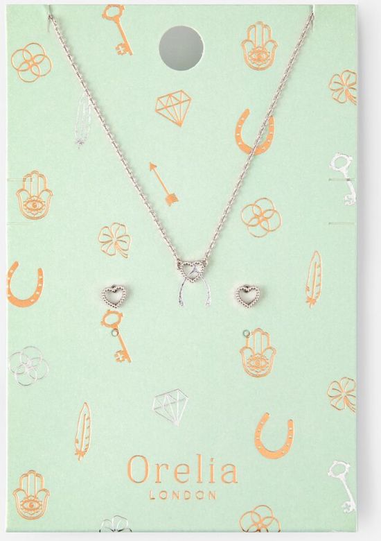 Orelia giftset - ketting kort en oorbelletjes met open hartje - zilverkleurig
