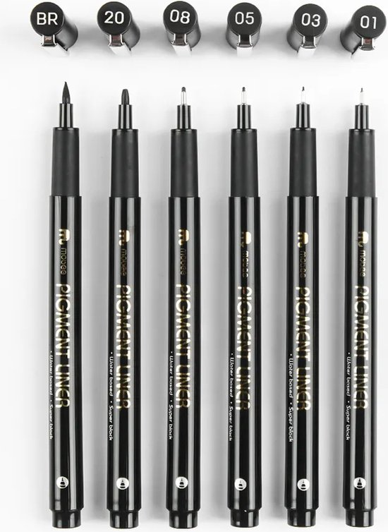 MOBEE - Fineliners - Zwart - 5 stuks + 1 Brushpen - Vervanging van Sakura - Watervast - Pigment Liner - Super Inkt - Tekenen - Schrijven - Handlettering - Schetsen - Kalligrafie - Fineliner Set