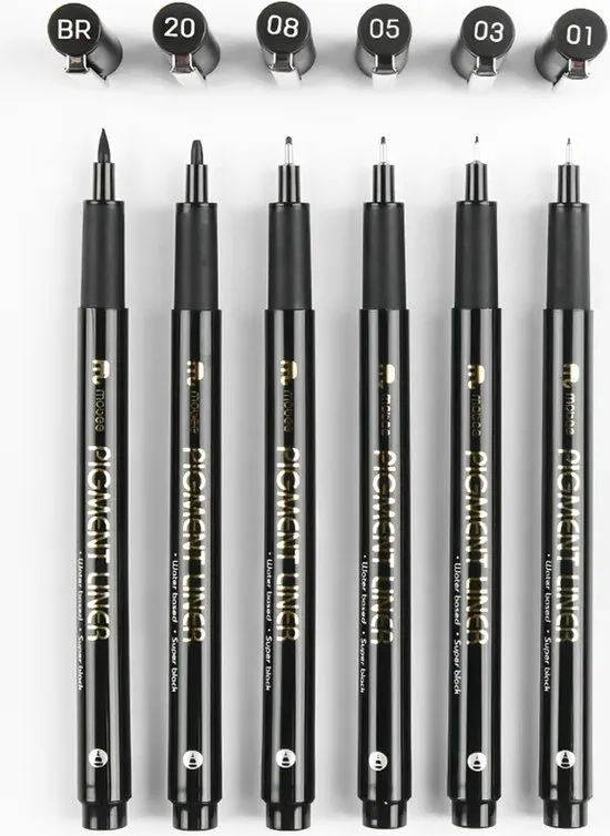 MOBEE - Fineliners - Zwart - 5 stuks + 1 Brushpen - Vervanging van Sakura - Watervast - Pigment Liner - Super Inkt - Tekenen - Schrijven - Handlettering - Schetsen - Kalligrafie - Fineliner Set
