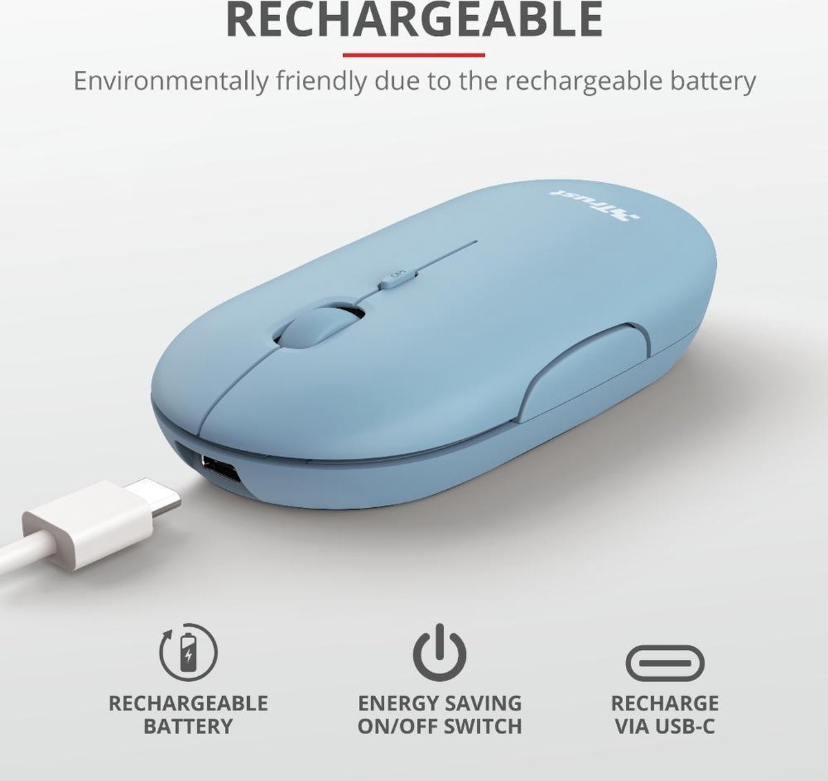 Trust Puck - Muis - Ultra dun - Oplaadbaar - Draadloos - Blauw