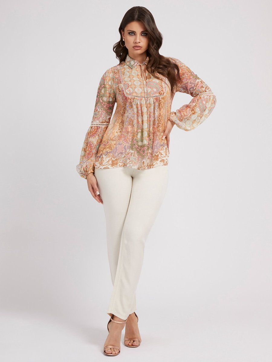 blouse, paisley, lange mouwen, katoen, creme/rose