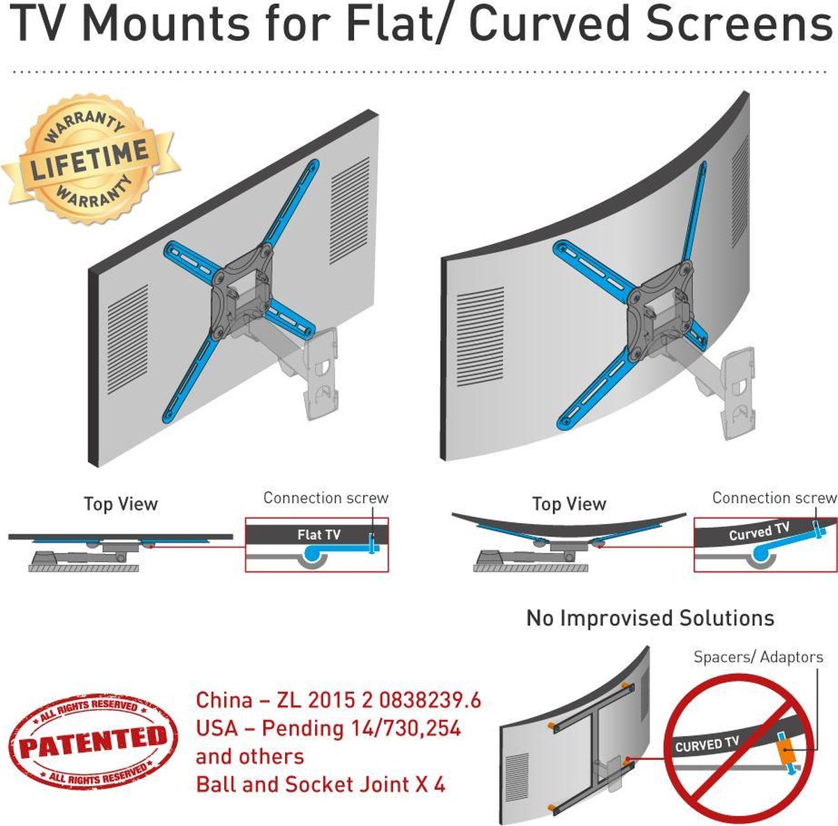 Barkan Mounts - TV-Beugel - Plafondbeugel 29'' - 65'' - 74cm - 165cm - Draaibaar & Kantelbaar - 40kg