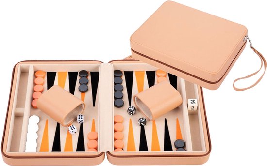 Backgammon 9 inch - Beige, Oranje & Zwart Ingelegd Bord - Beige Zipper - Compact Reisspel - Engelhart