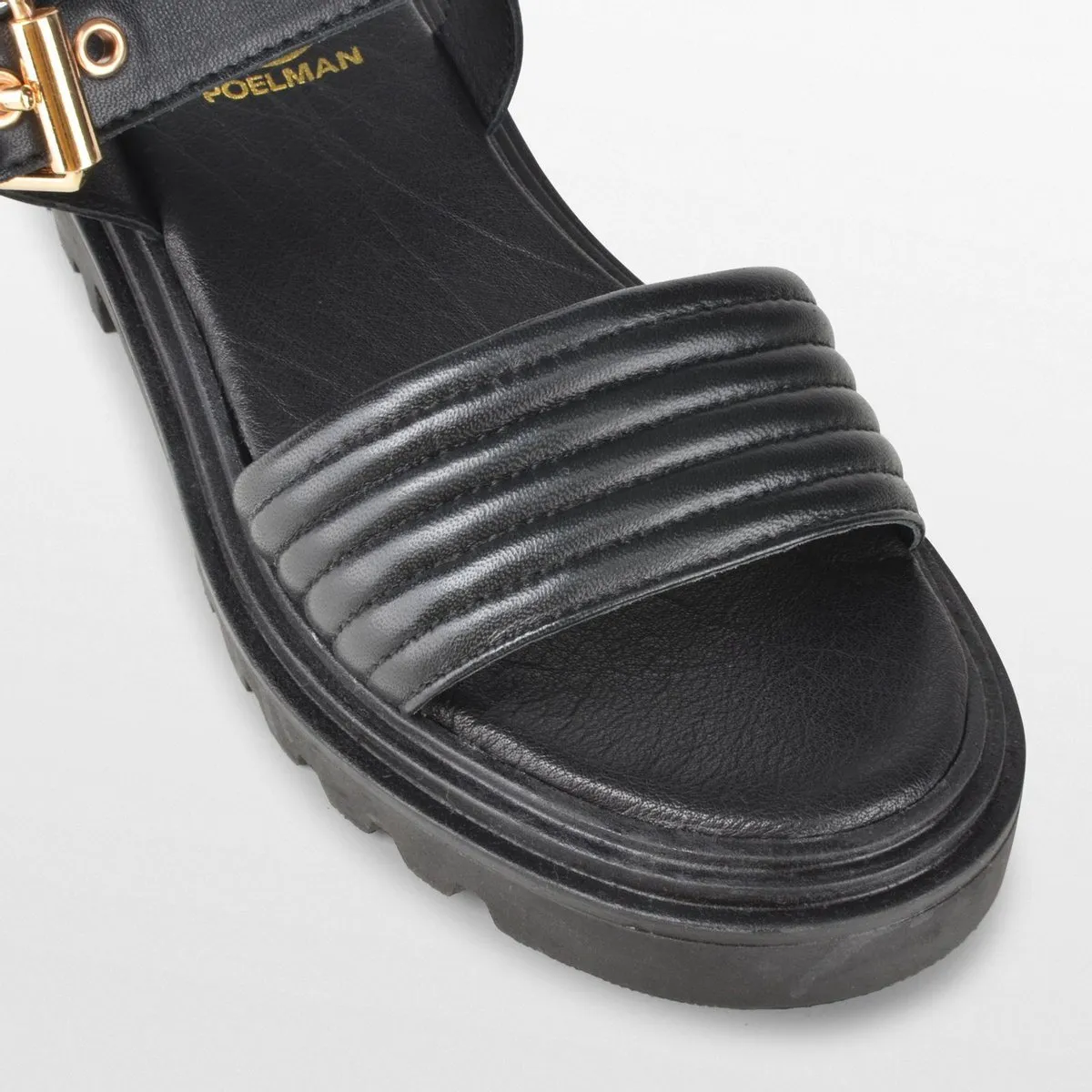 PS Poelman SATURNOS Dames - Maat 39 - Leren Chunky Plateau Sandalen met Gouden Details - Zwart