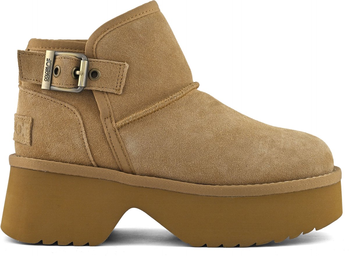 ankelboot, suede, gespen, platformzool, tan