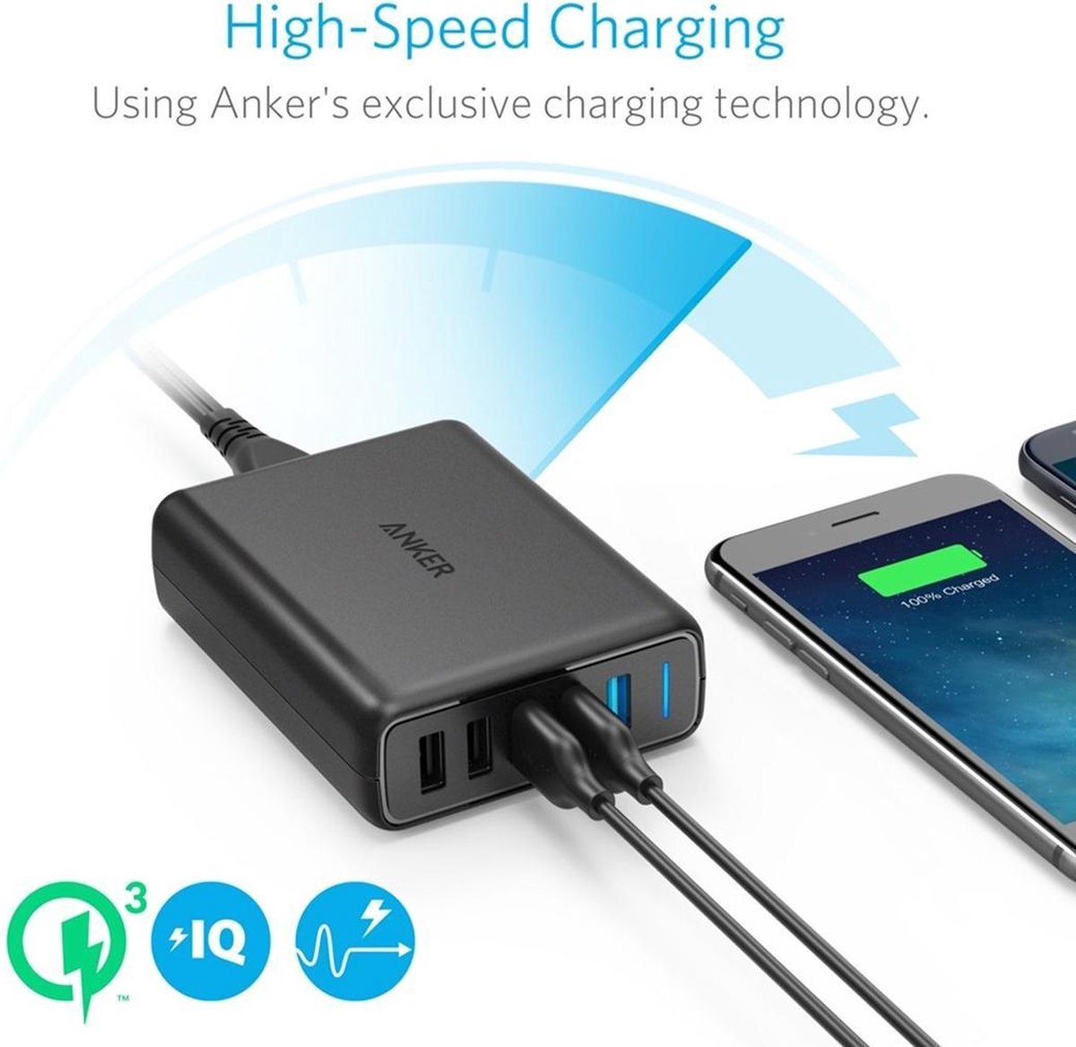 Anker PowerPort Speed 5 Poorts 2x Quick Charge 63W Thuislader Zwart