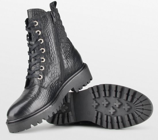 PS Poelman - Maat 39 - Leta Dames Leren Enkellaarzen met Veters en Rits - Zwart Croco Print