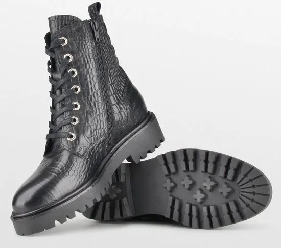PS Poelman - Maat 39 - Leta Dames Leren Enkellaarzen met Veters en Rits - Zwart Croco Print