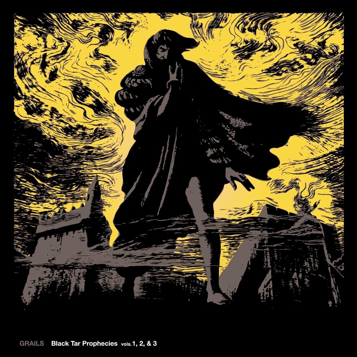 illustration, hooded figure, cape, ruins, yellow-black contrast