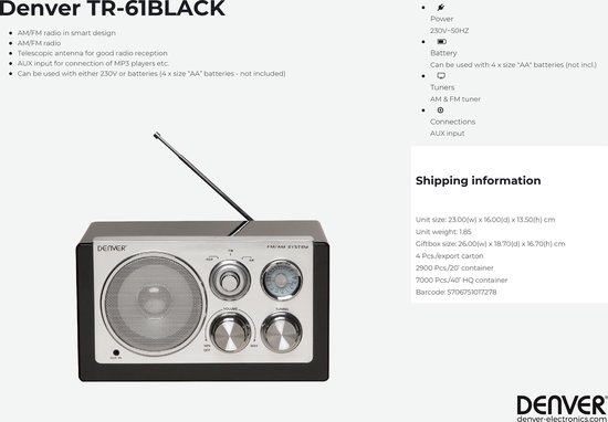Denver TR-61 - Retro FM radio - Zwart