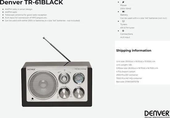 Denver TR-61 - Retro FM radio - Zwart