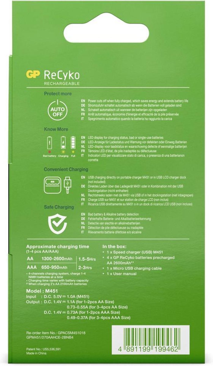 GP ReCyko AA/AAA Speed Charger (USB) - Batterijoplader - incl. 4x AA batterijen 2600mAh
