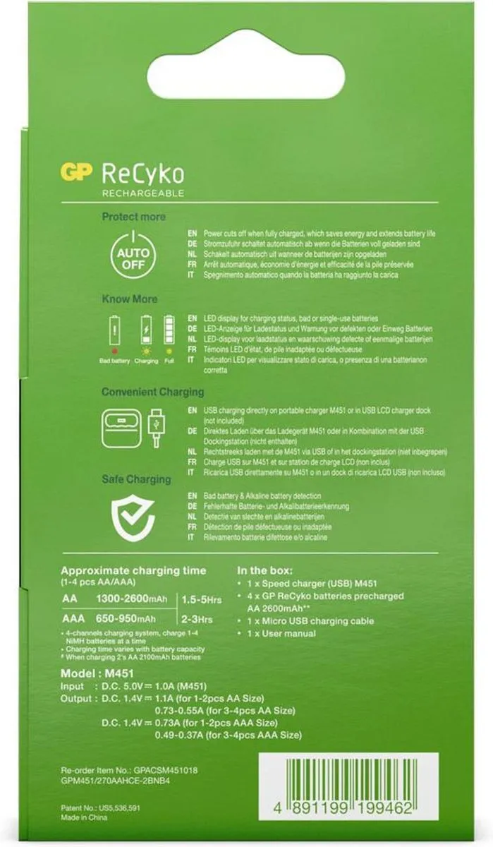 GP ReCyko AA/AAA Speed Charger (USB) - Batterijoplader - incl. 4x AA batterijen 2600mAh
