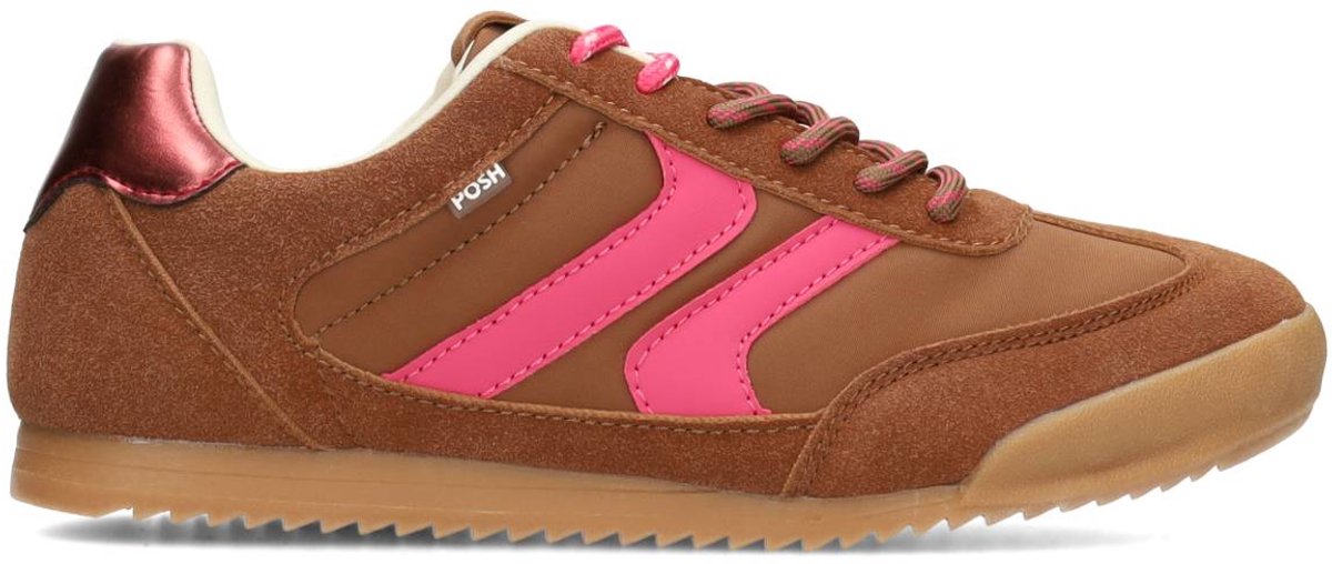 sneaker, bruine schoen, roze accenten, suede, gumzool