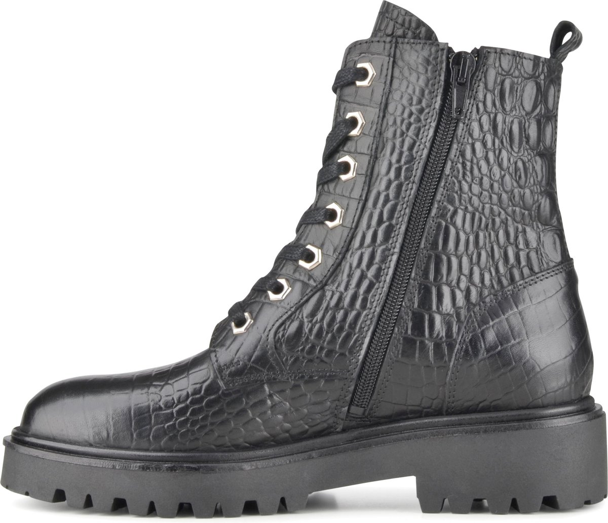 PS Poelman - Maat 39 - Leta Dames Leren Enkellaarzen met Veters en Rits - Zwart Croco Print