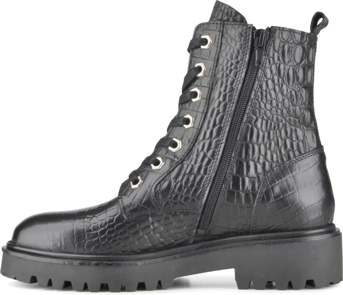 PS Poelman - Maat 39 - Leta Dames Leren Enkellaarzen met Veters en Rits - Zwart Croco Print